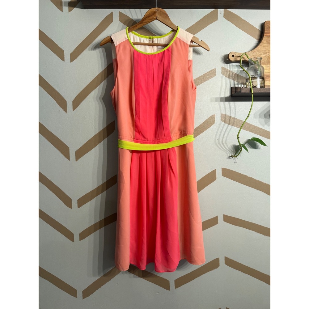 Loft‎ Colorblock Pleated Dress Womens 6 Pink Coral Neon Lime Green Sleeveless